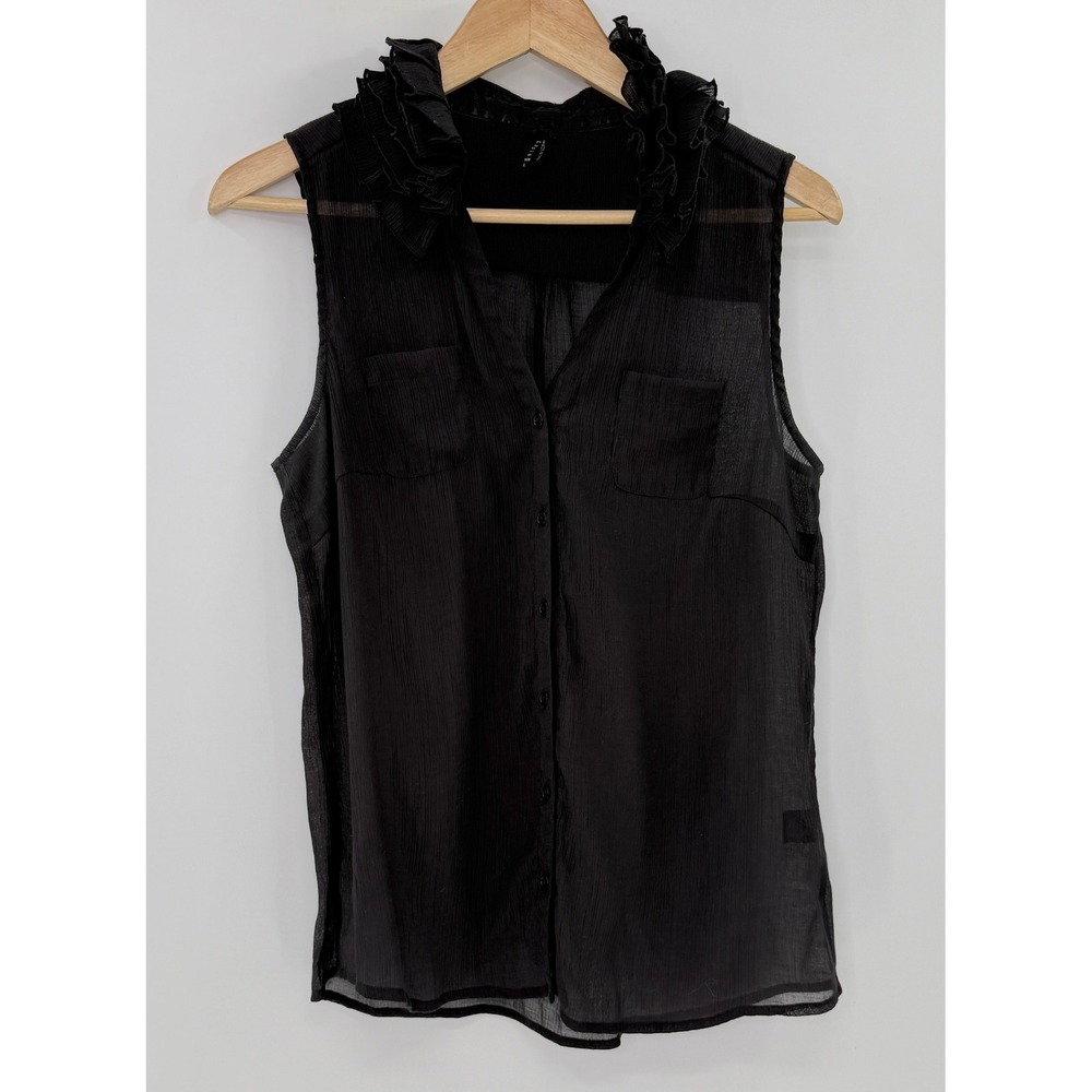 Lapis Sleeveless Black Ruffle Collar Button Blouse Sz L Whimsigoth Romantic Boho - Picture 1 of 10